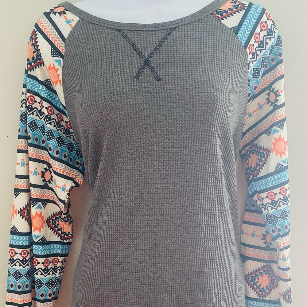 Aztec Gray Top with Colorful Patterned Sleeves